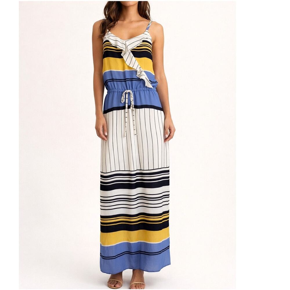 Amissima‎ Striped Ruffle Maxi Boho Beach Dress Sleeveless Drawstring Waist Sz 14